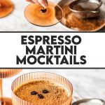 a brown coupe glass filled with espresso martini, dusted with cocoa powder and topped with espresso beans