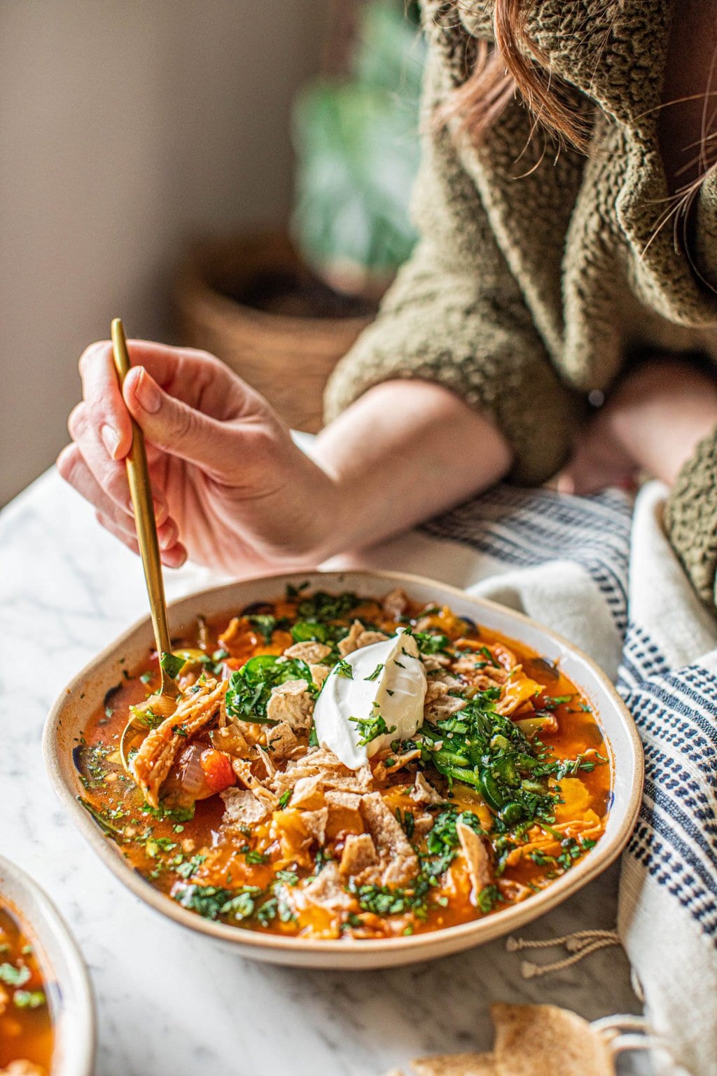 A hand dipping a gold spoon into a bowl full of healthy chicken tortilla soup.