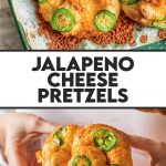 jalapeno cheddar cheese pretzels on parchment lined baking sheet