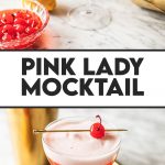 pink lady mocktail recipe in coupe glass garnished with maraschino cherry