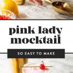 hand holding pink lady mocktail in coupe glass