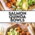 teriyaki salmon quinoa bowl topped with cucumber, carrots, avocado, jalapenos