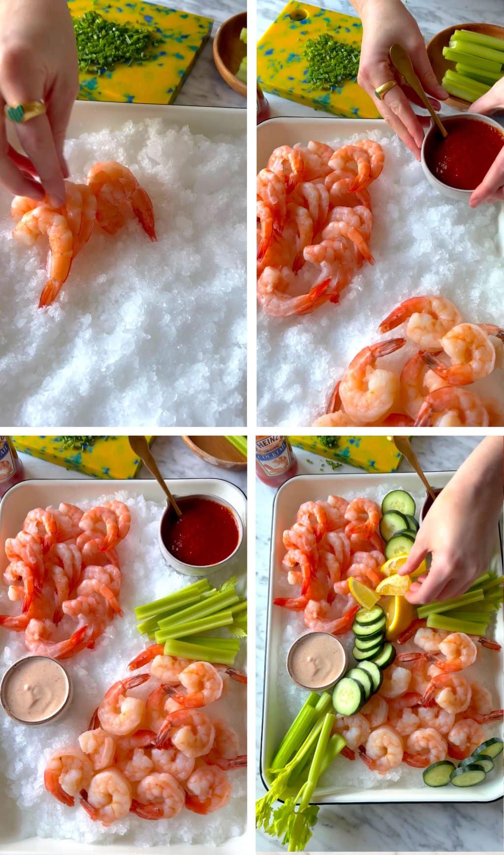 four step grid preparing shrimp cocktail platter