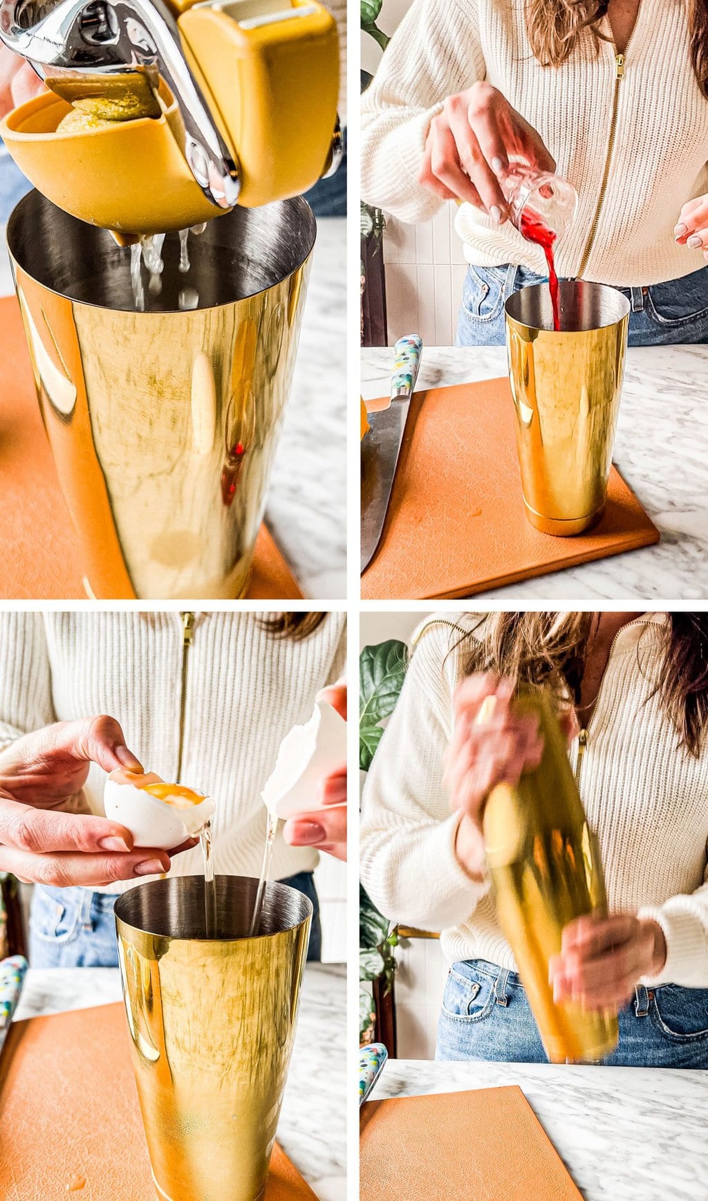 four step grid making pink lady mocktail in gold cocktail shaker