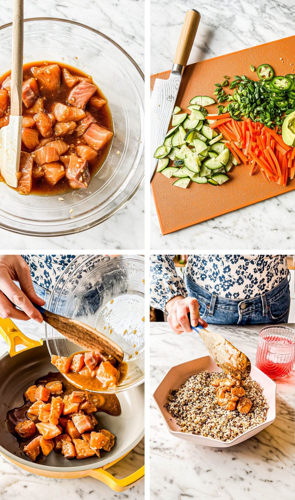 four step grid preparing quinoa and salmon bowl recipe