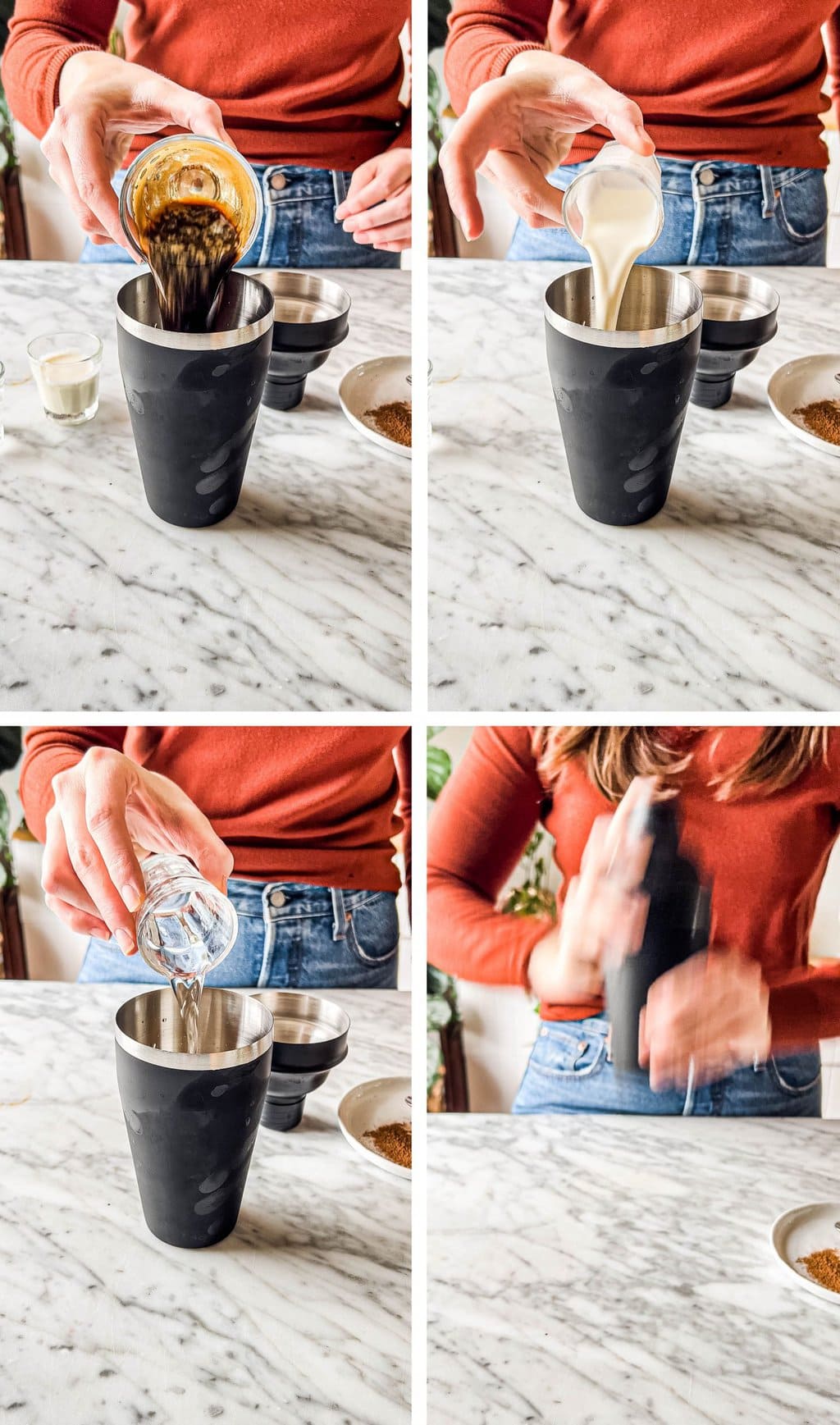 pouring espresso into a cocktail shaker, pouring heavy whipping cream into a cocktail shaker, pouring simple syrup into a cocktail shaker, shaking espresso martini mocktail 