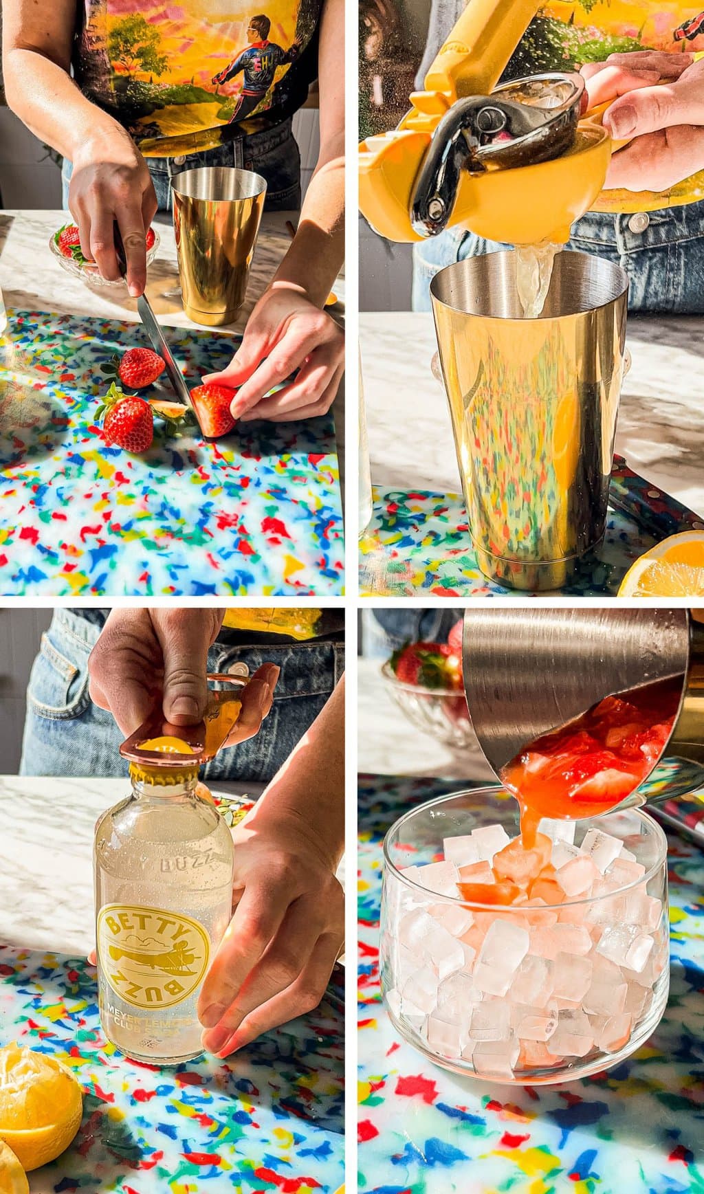 slicing whole strawberries, squeezing lemon juice into a shaker, taking the top of lemon lime soda, pouring drink into cocktail glass