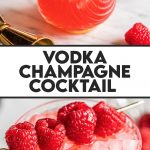 vodka champagne cocktail in glass garnished with raspberries on gold skewer