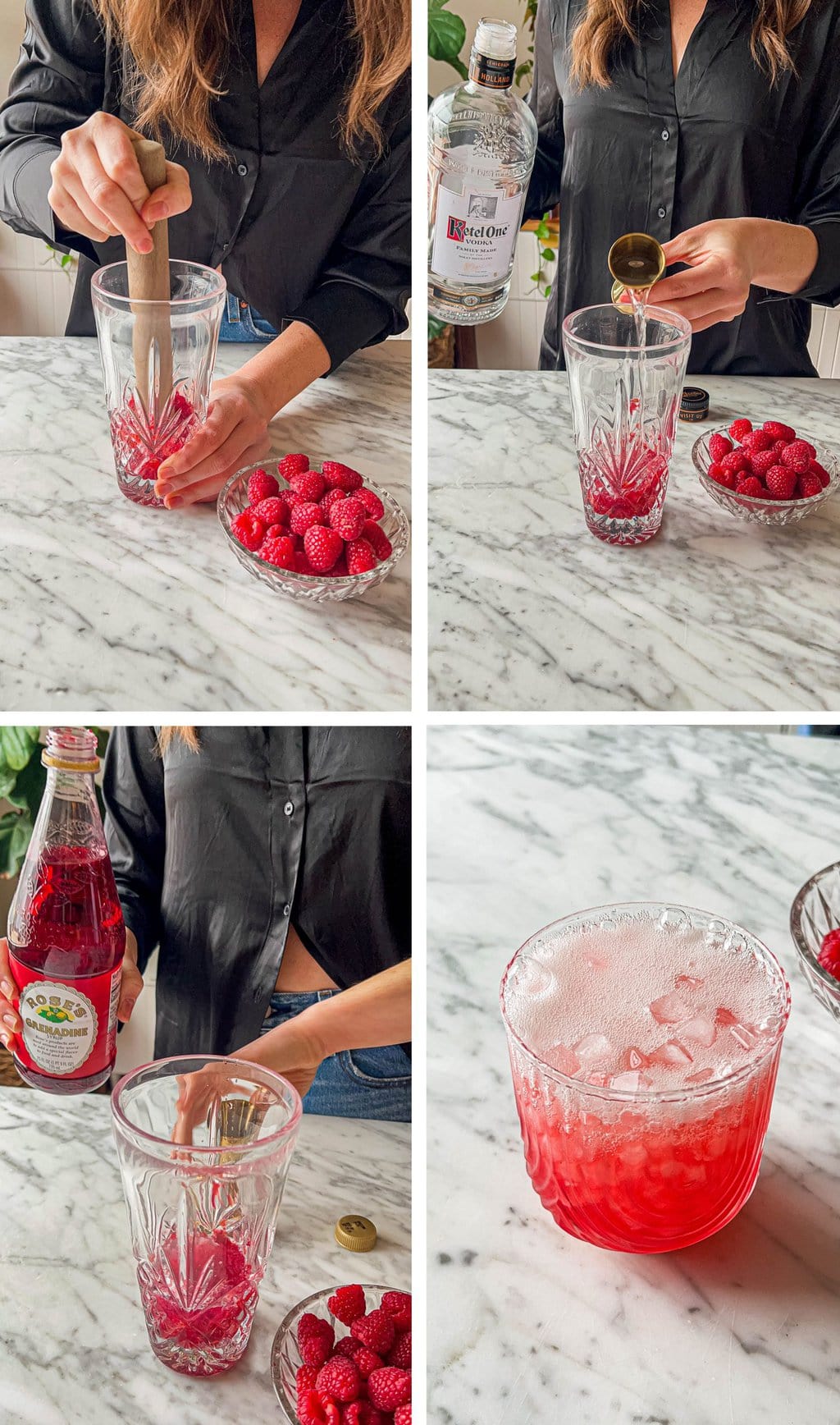 four step grid making raspberry vodka champagne cocktail