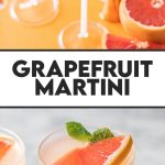 two grapefruit martinis in coupe glasses on orange board