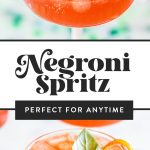 negroni spritz cocktail in coupe glass garnished with basil