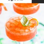 negroni spritz cocktail in coupe glass garnished with basil