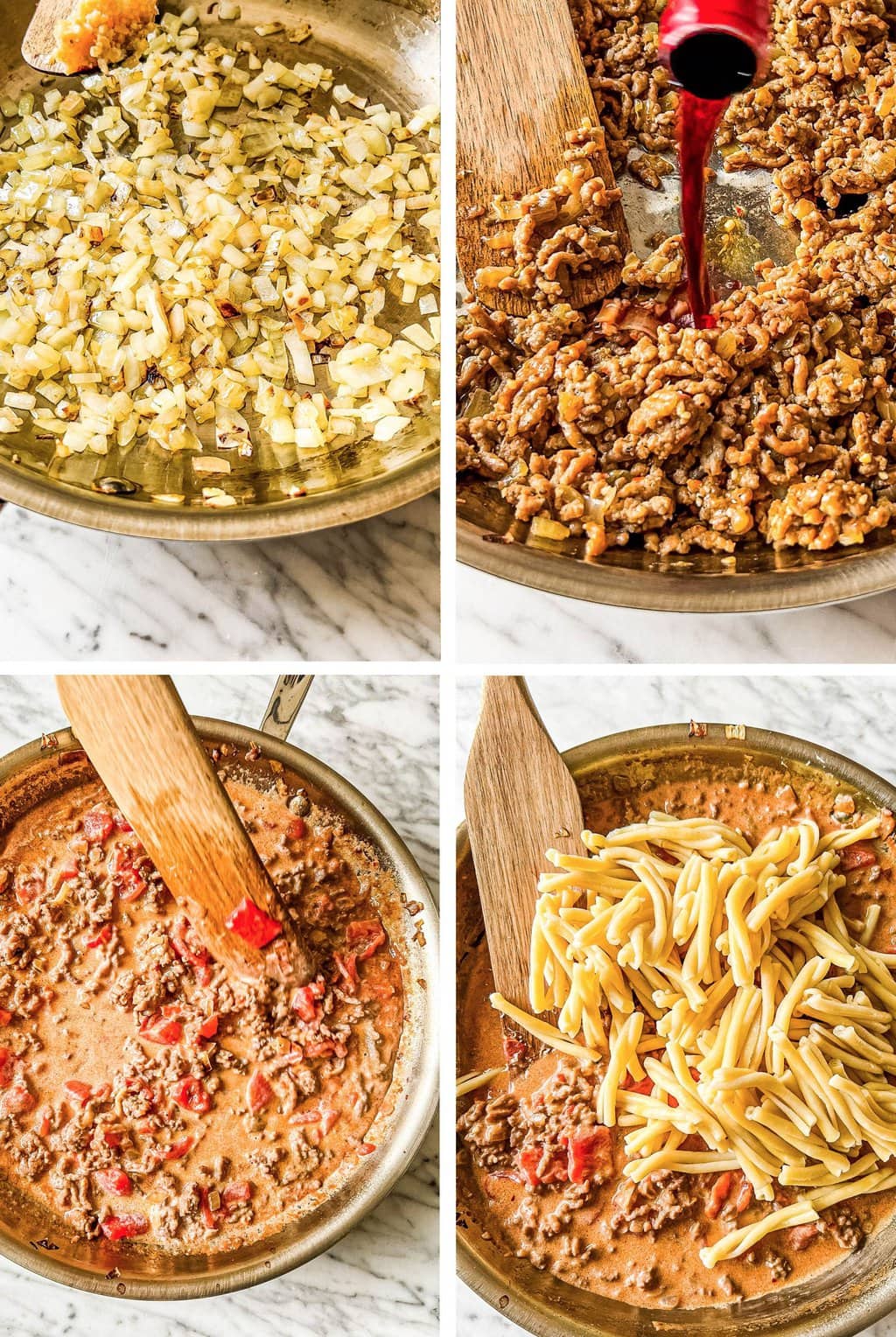 four step grid making hot Italian sausage pasta recipe