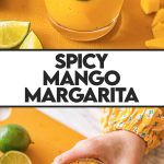 woman's hand grabbing spicy mango jalapeno margarita in low ball glass