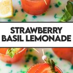 basil strawberry lemonade garnished with strawberry and fresh lemon wedge