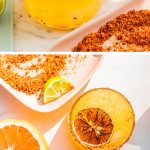 orange margaritas with tajin rimming the cup and text overlay