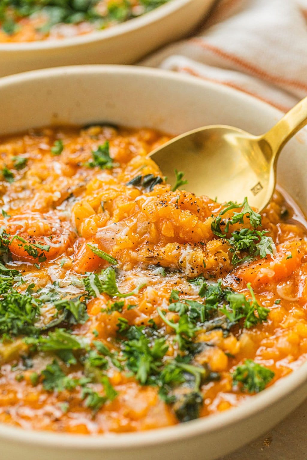 a close up photo of fiber rich soup with a gold spoon dipping into it