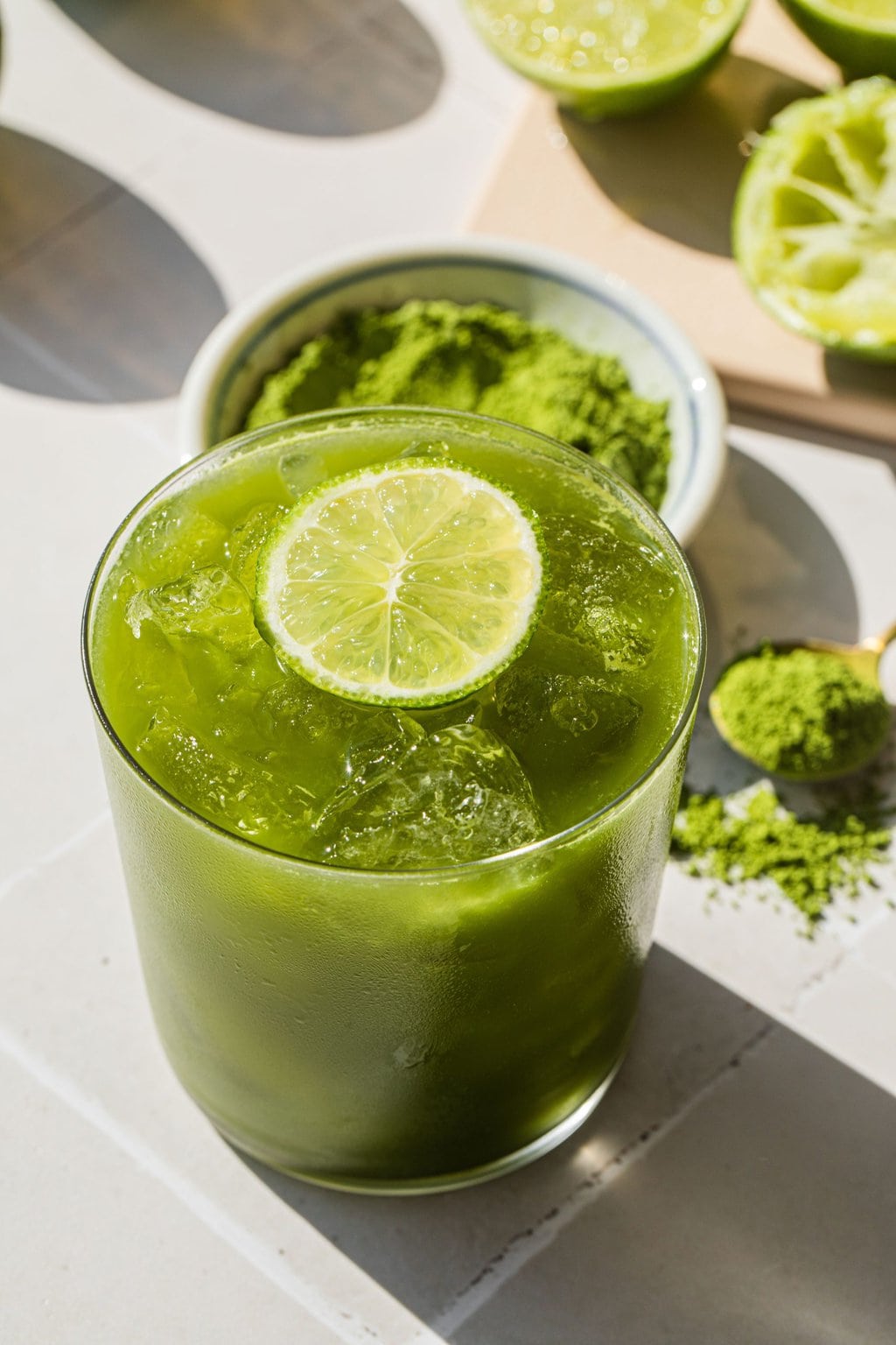 matcha margarita garnished with a lime slice