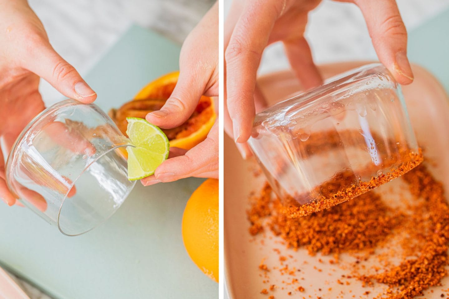 rimming an old fashioned glass with lime juice and then dipping it in tajin