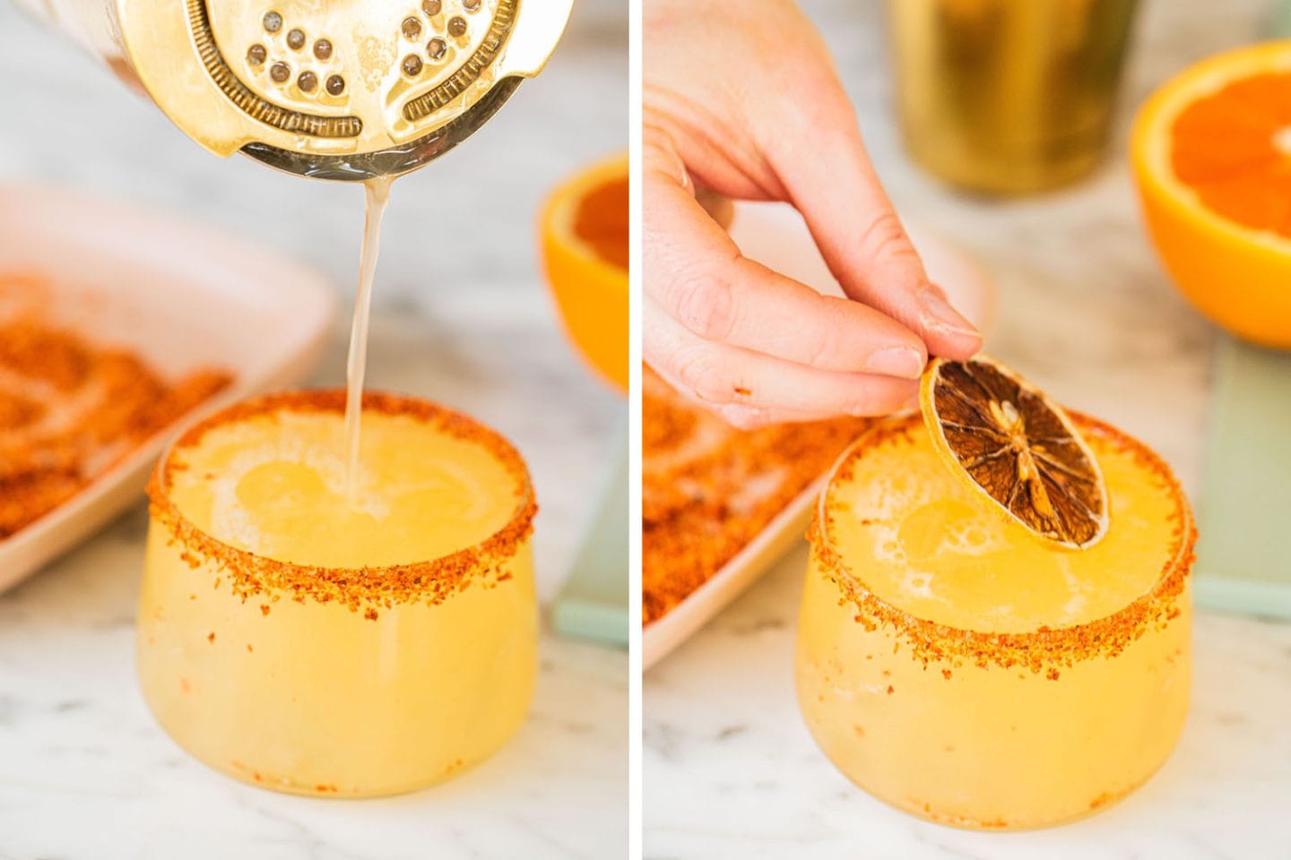 an orange margarita being poured into the prepared rimmed glass and being garnished with a slice of orange