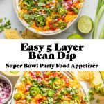 easy 5 layer bean dip in a white serving bowl with text overlay