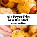 two photos of pigs in a blanket bisected by text overlay