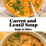 two bowls of carrot and lentil soup divided by text overlay