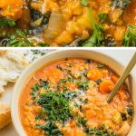 carrot and lentil soup shown in a close up and zoomed out view with text overlay