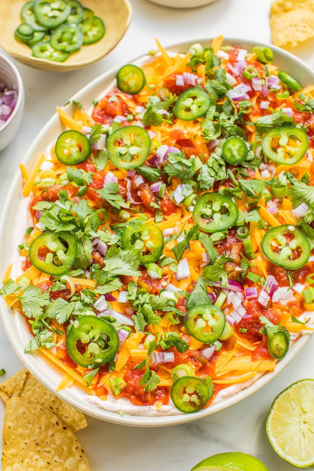 bean dip topped with fresh herbs, jalapenos, and salsa