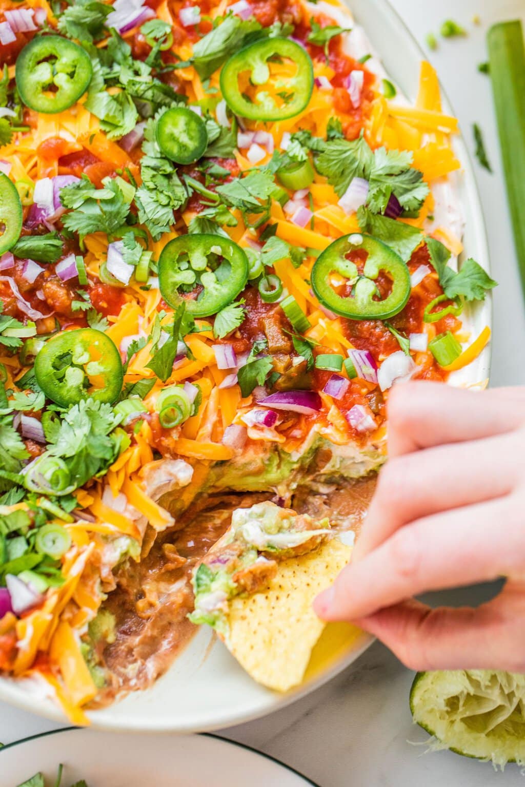 a tortilla chip scooping out some dip from the bowl 