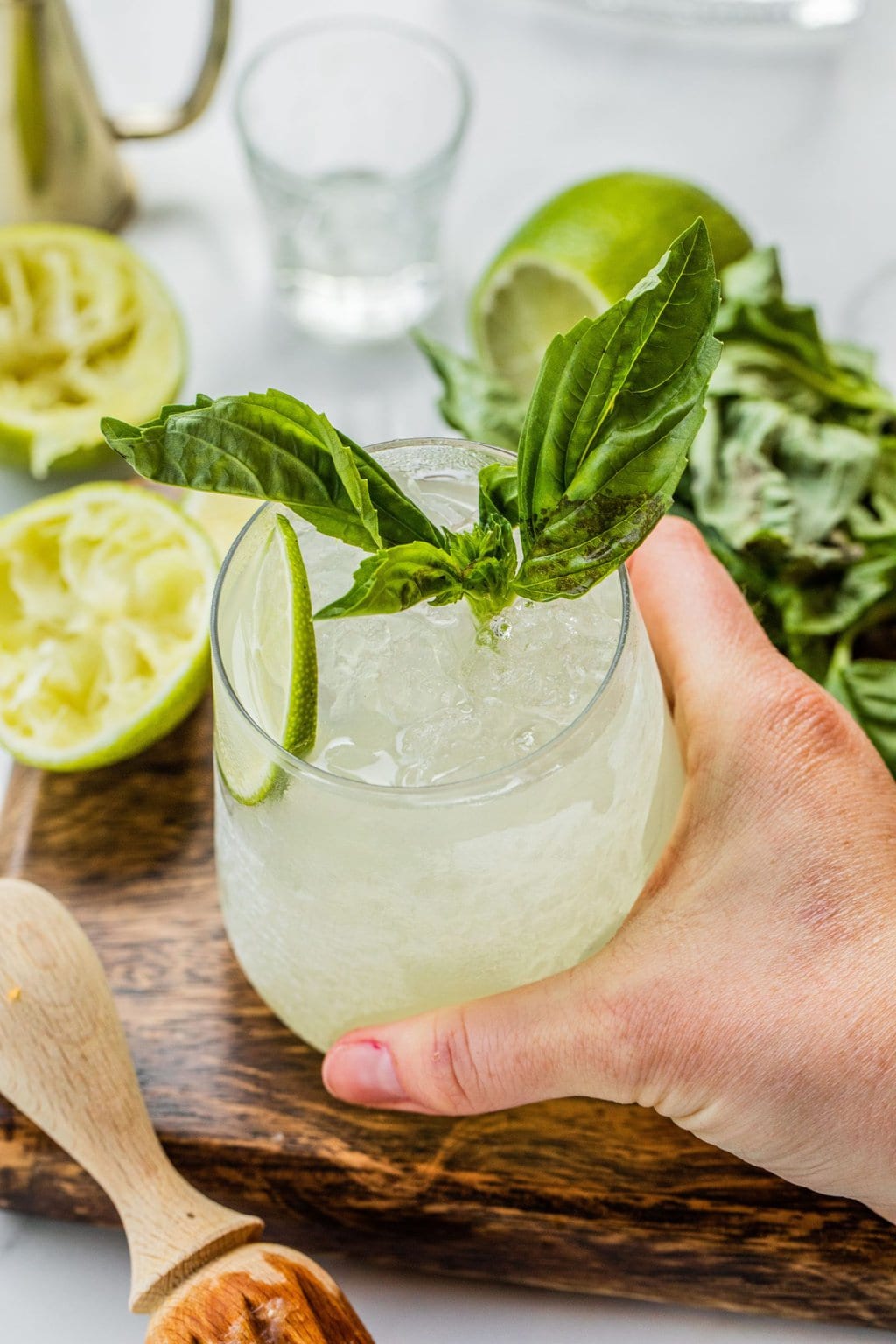 a gin basil cocktail in a glass held by Elizabeth with basil leaves and a slice of lime in it