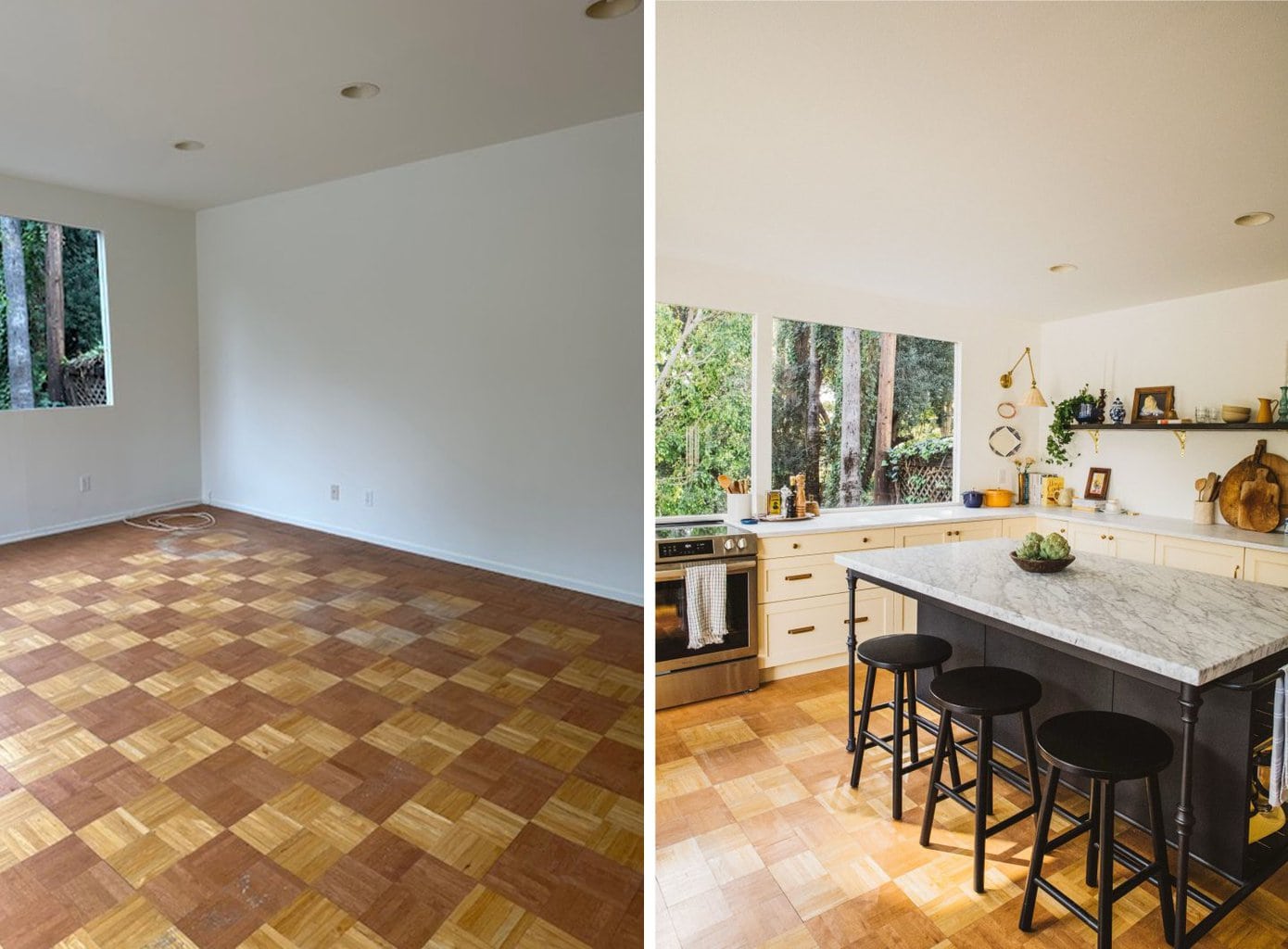 before and after of a pool house kitchen makeover 