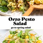 two photos of the orzo salad bisected by text overlay