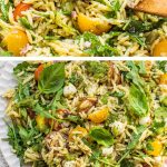 two photos of orzo pesto salad with text overlay at the bottom