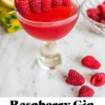 raspberry gin martini with raspberry garnish and text overlay