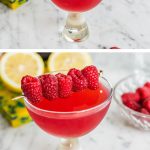 easy raspberry martini pictured with raspberries and lemons in the background as well as text overlay