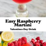 raspberry martini with raspberry garnish and text overlay