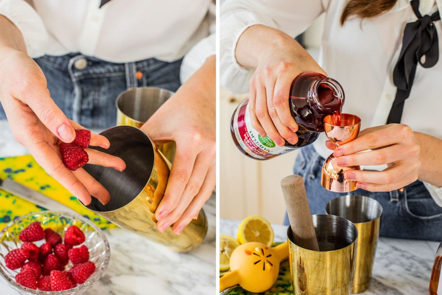 adding raspberries and raspberry juice to the cocktail shaker