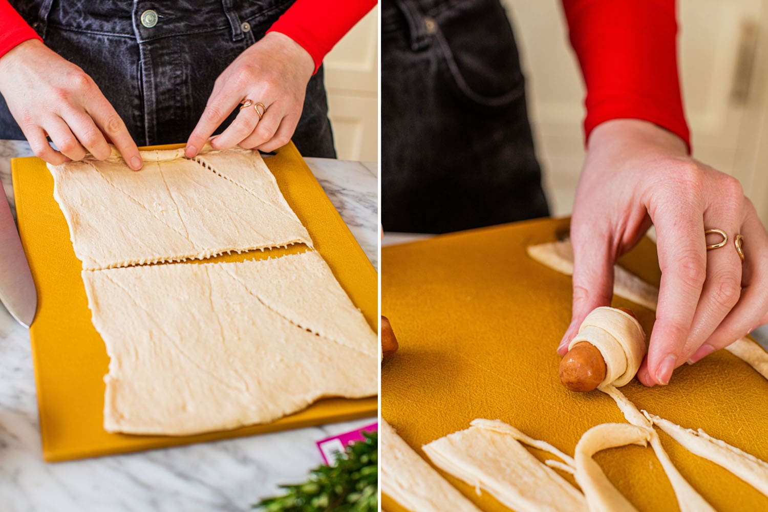 rolling out dough and then rolling the hot dog in the dough