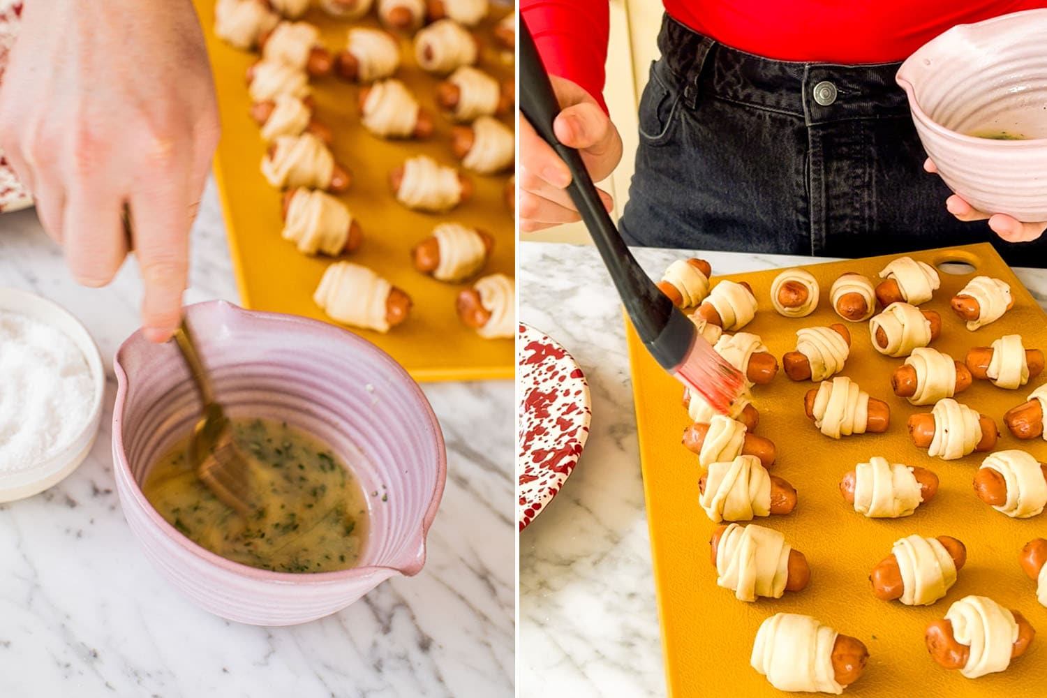 mixing herbs into a butter mixture and then brushing it onto the dough wrapped hot dogs