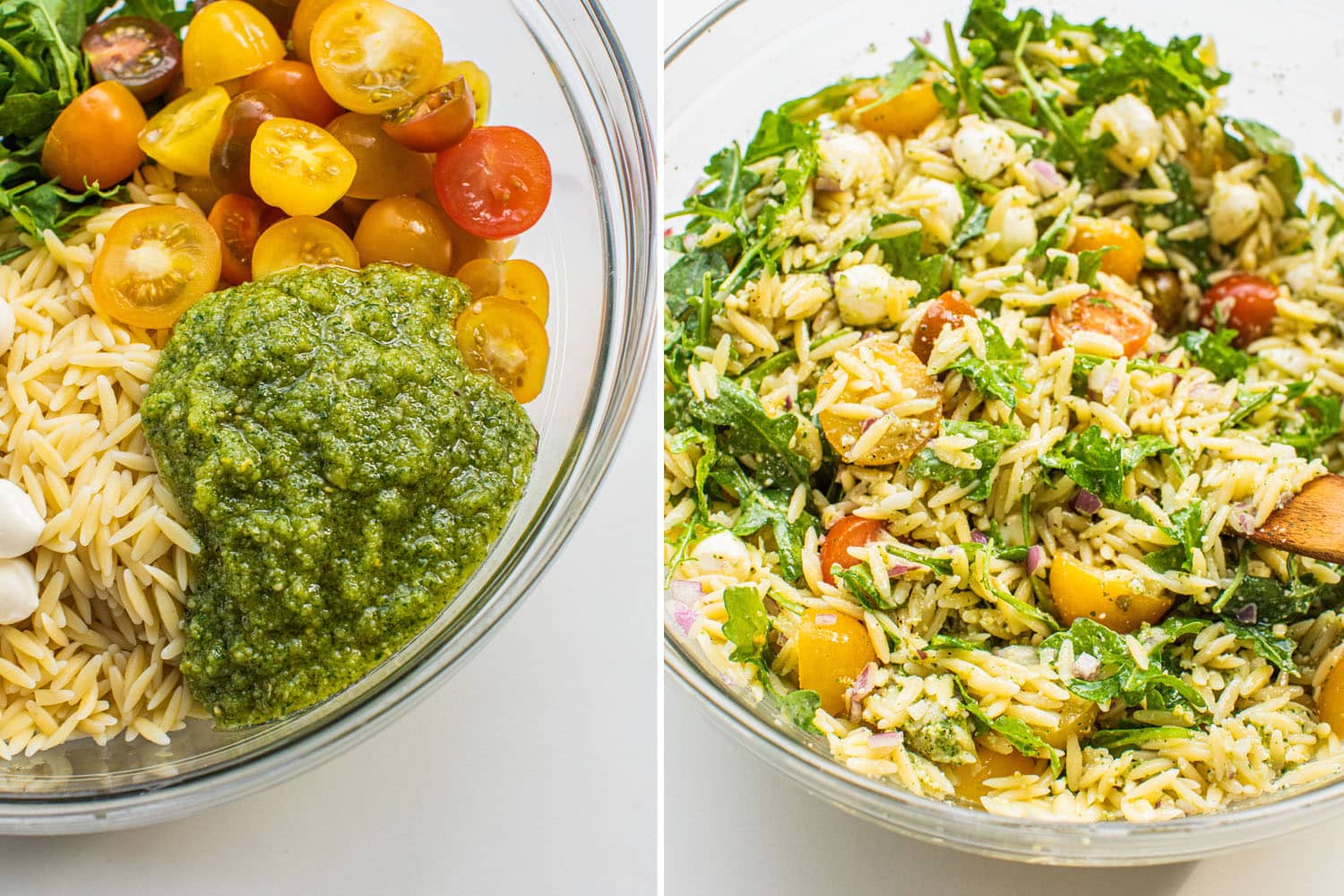 two photos side by side. the left one is all of the ingredients in the bowl, including a dollop of pesto. The right photo is every ingredient mixed together in the bowl