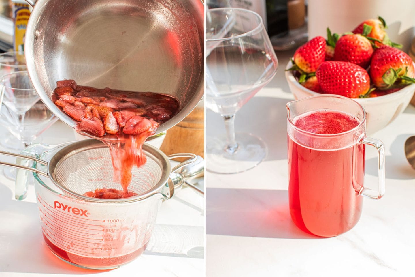 straining the syrup with a fine mesh sieve into a glass pitcher