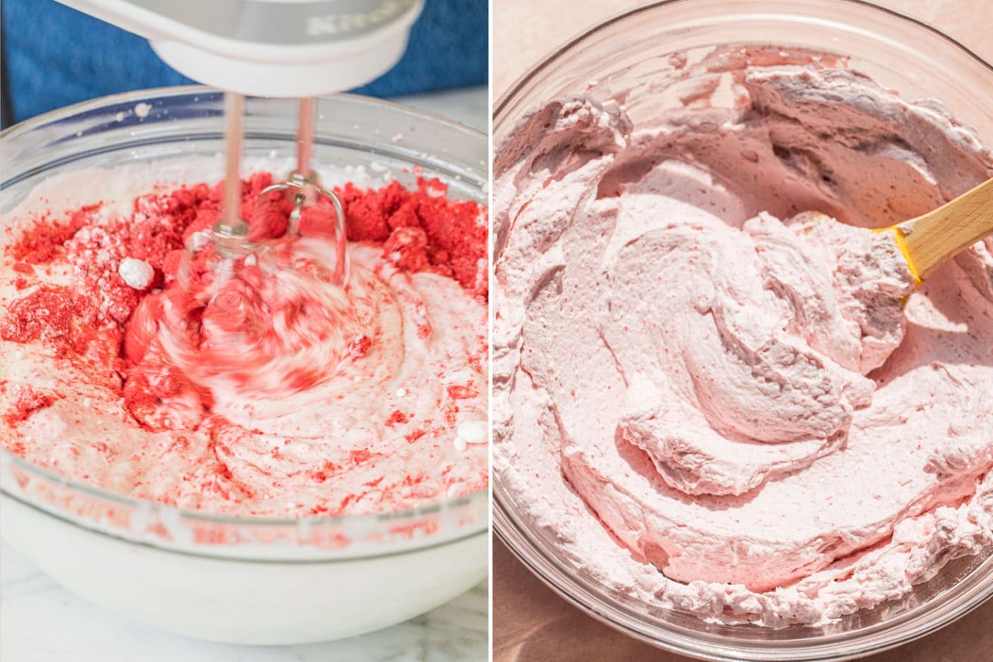 beating crumbled freeze dried strawberries into the batter