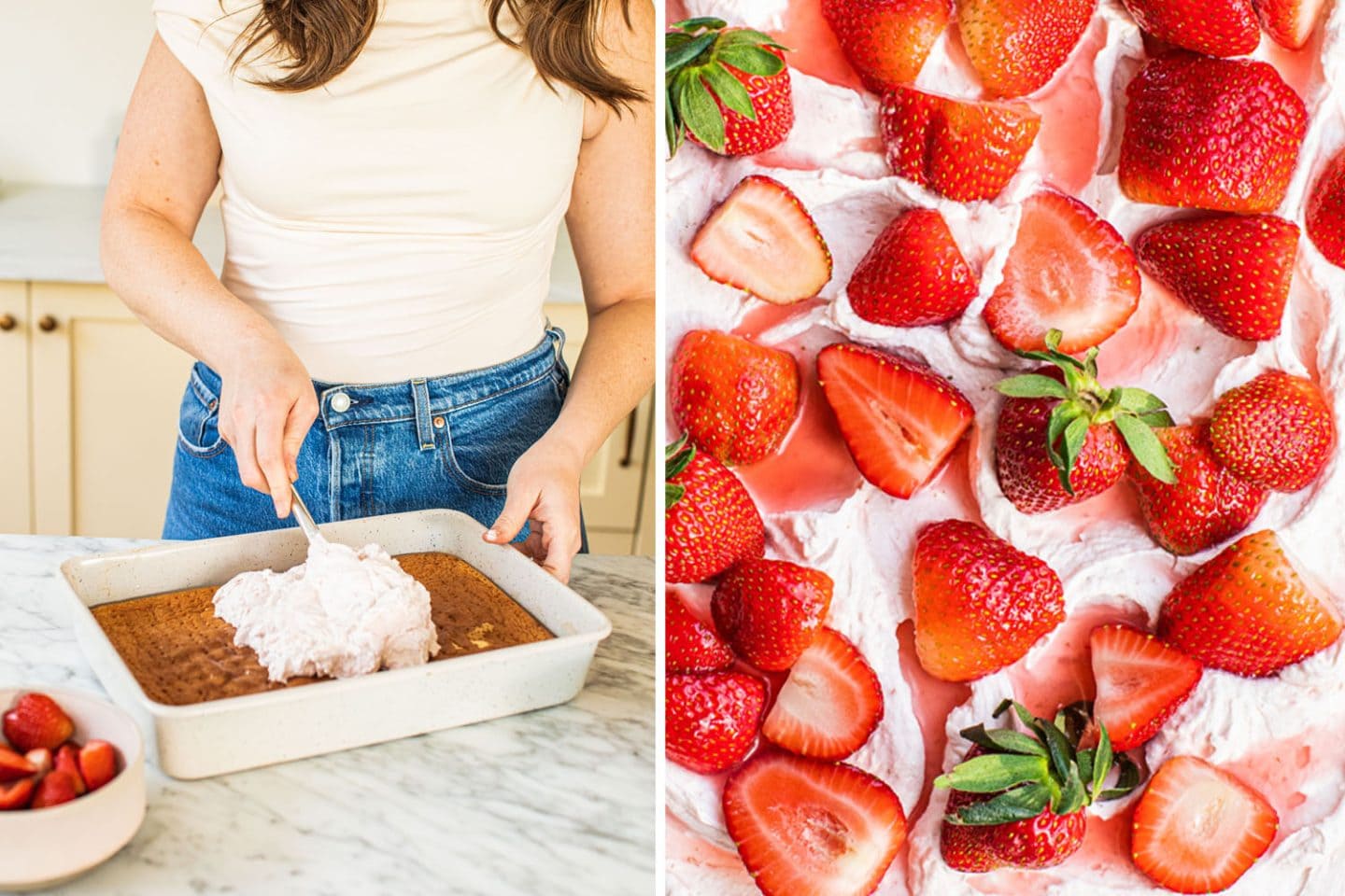 adding strawberry icing to the cake and topping it with strawberries