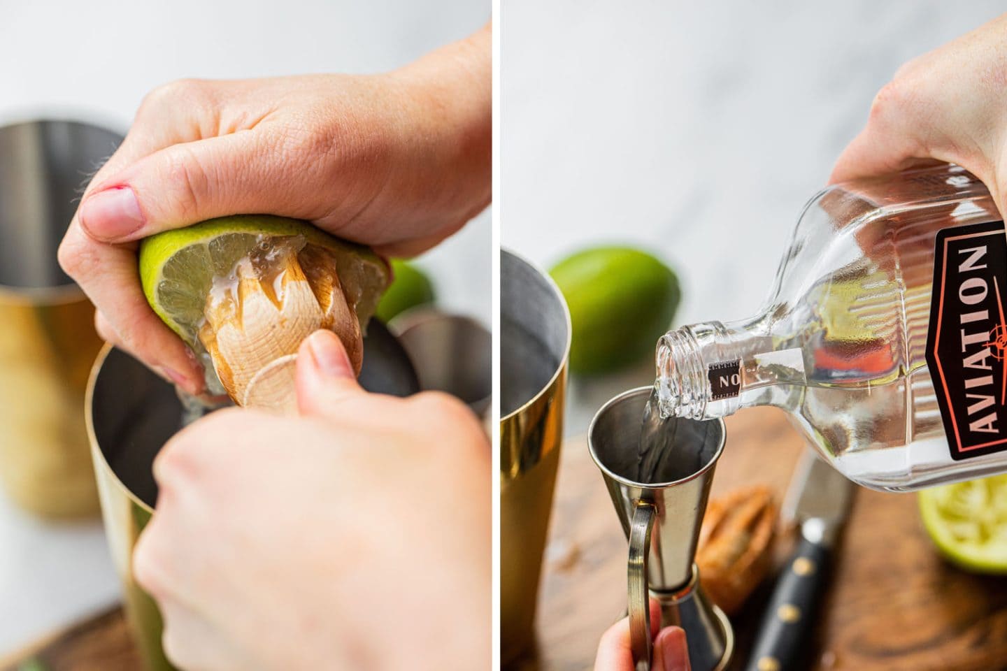 juicing the lime and measuring out the gin