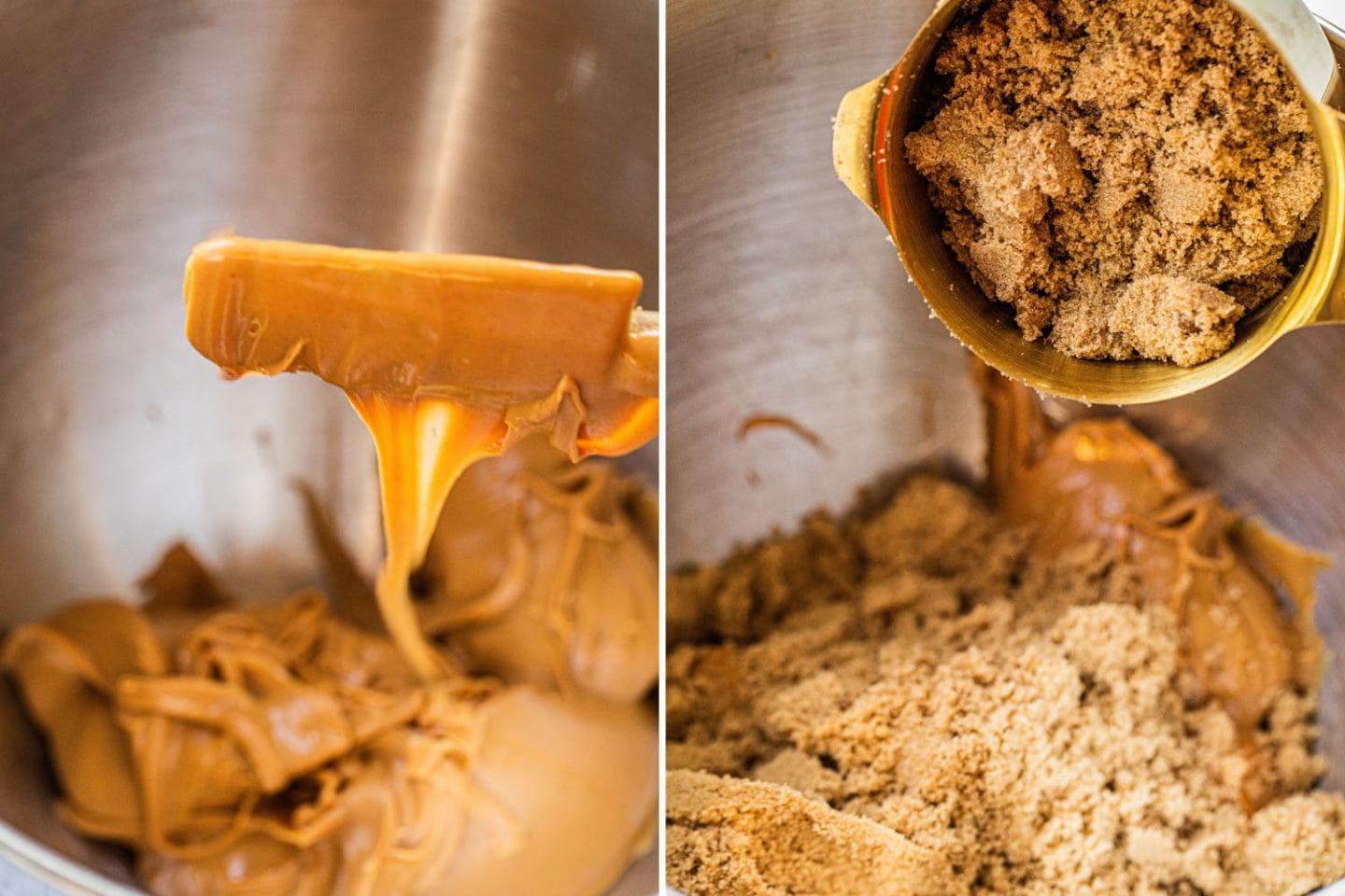 mixing peanut butter and brown sugar in a silver bowl