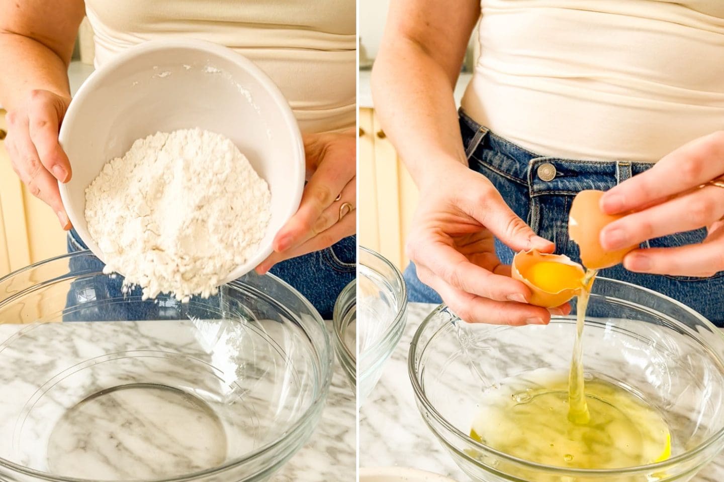 pouring flour into a bowl and cracking eggs into a bowl