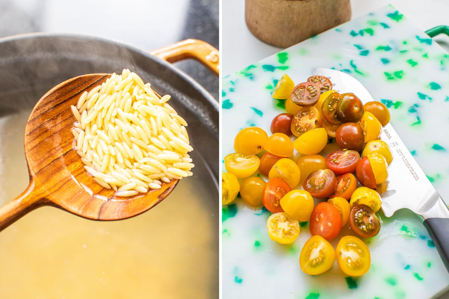 a wooden spoon holding scooped up orzo out of a pot beside a photo of chopped cherry tomatoes on a cutting board beside a chef's knife