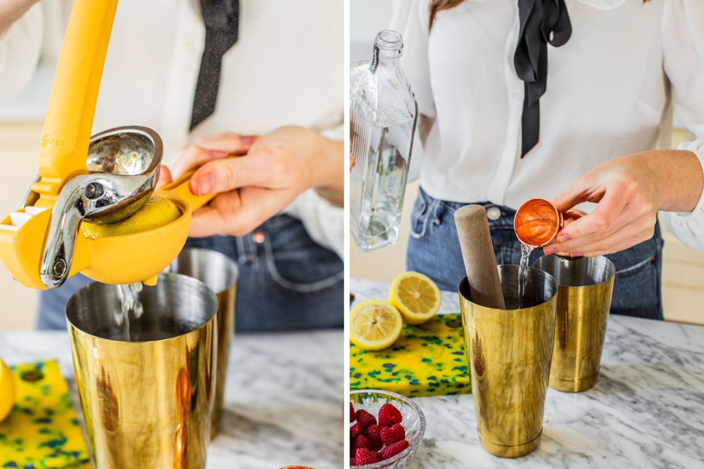 adding lemon juice and vodka to a cocktail shaker