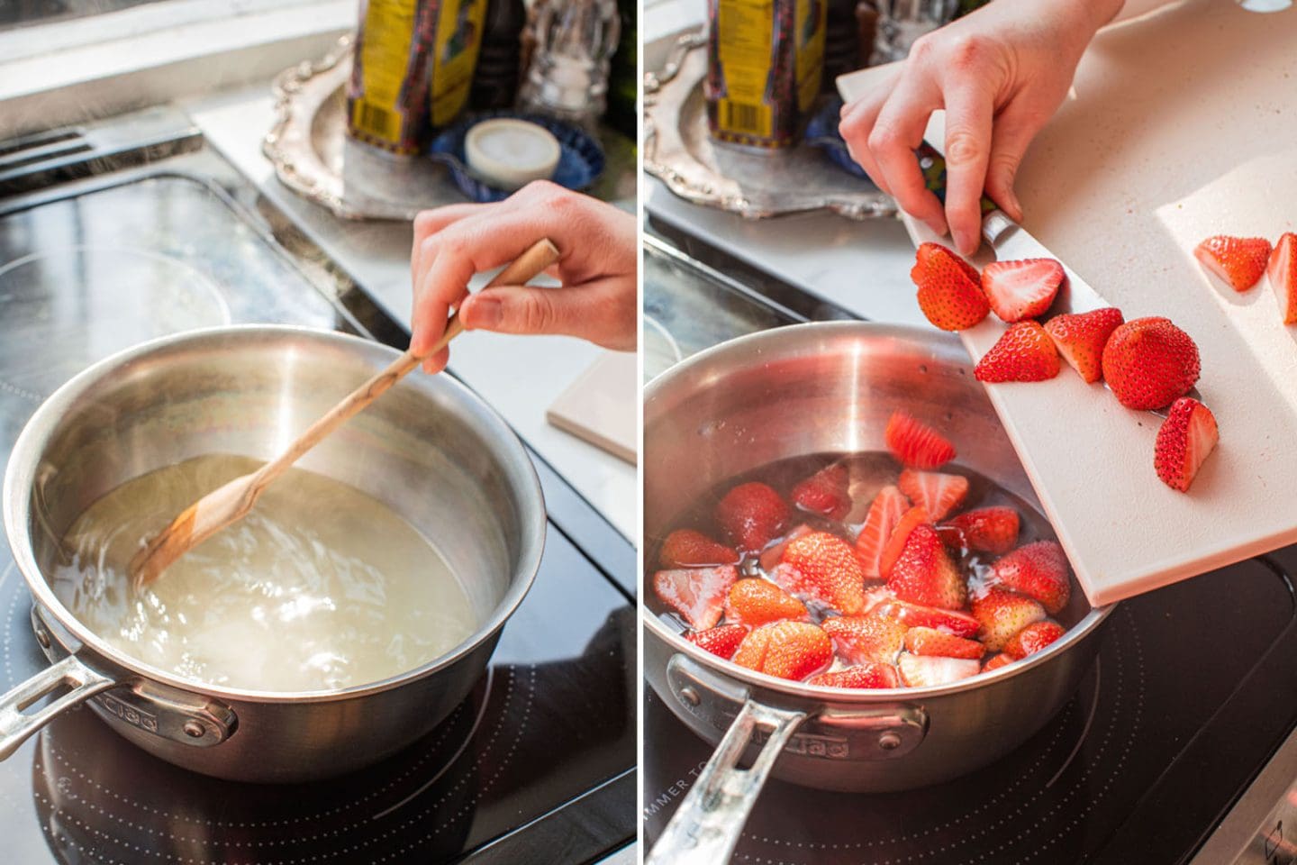 stir the water and sugar together and add strawberries to the pot